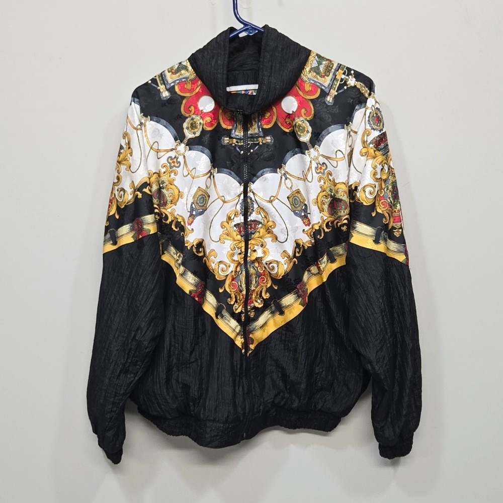 Vintage 90s Black Baroque Scarf Print Windbreaker Jacket Medium Retro Streetwear